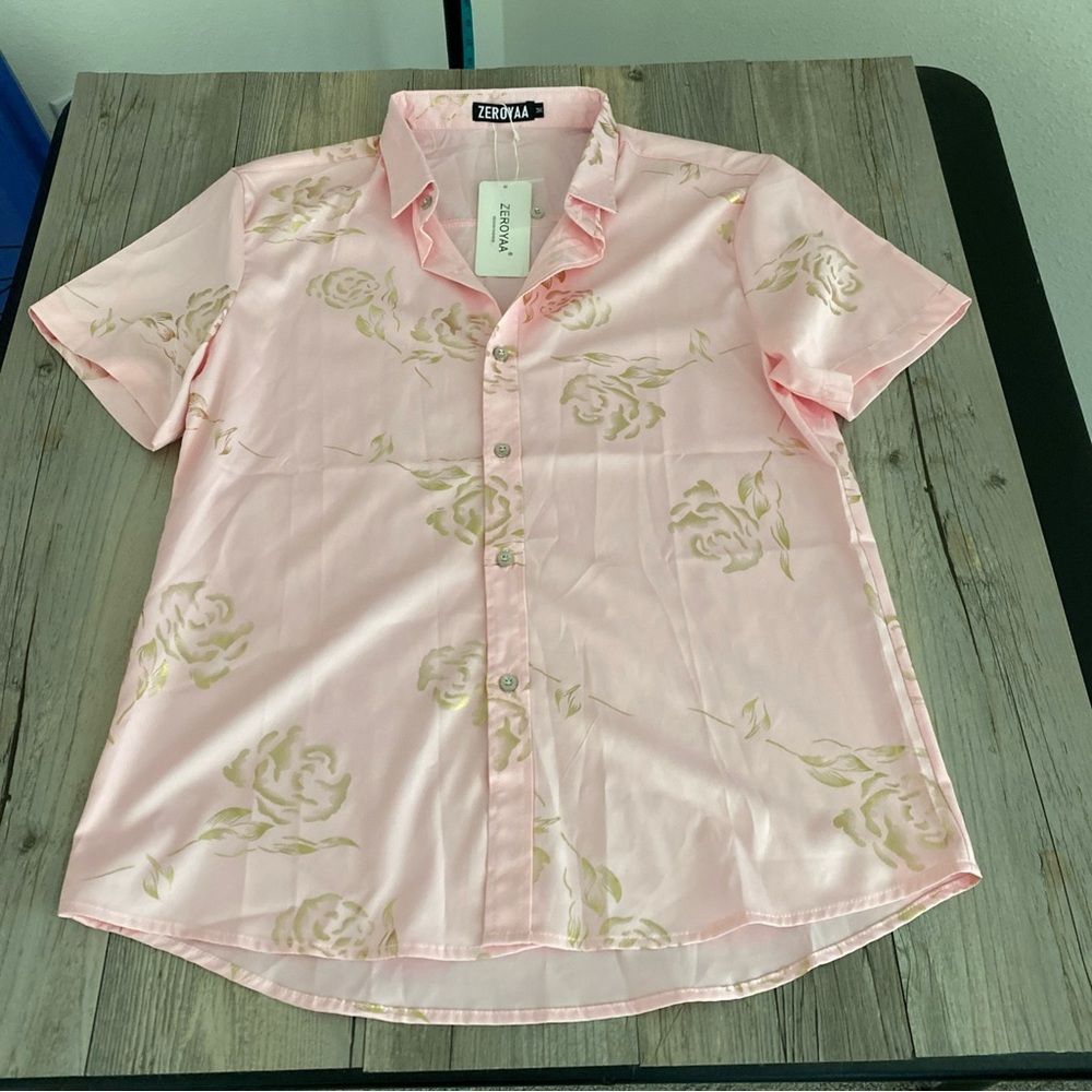 ZEROYAA Mens Short Sleeve Floral Button Shirt Medium NWT